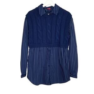 Staud Cooper Striped Long Sleeve Cable Knit Sweater Shirt Blue Women's Size L